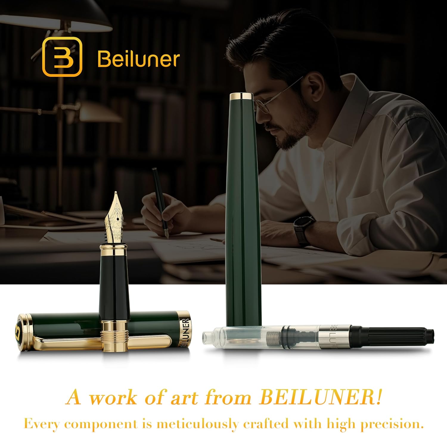 Thumbnail 5 de BEILUNER Penna Stilografica di Lusso Verde & Oro con pennino dorato 24K e convertitore