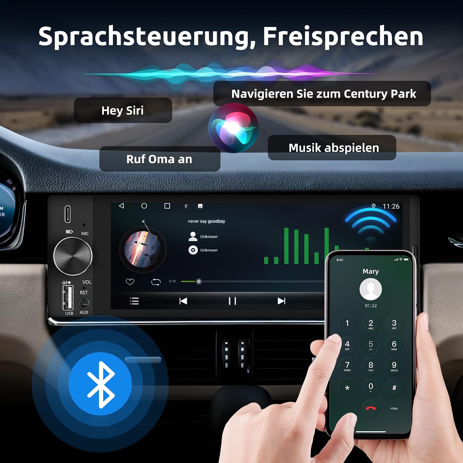 Detalle de ESSGOO 6,36 Zoll 1-DIN Autoradio mit Wireless CarPlay und Android Auto