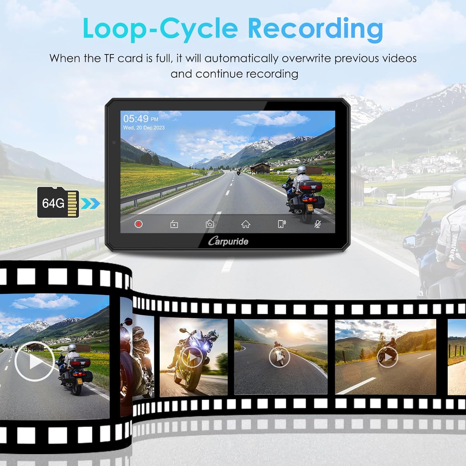 Thumbnail 3 de Carpuride W712D Motorrad CarPlay Bildschirm mit 7" Touch, 1080P Dual-Kameras & kabellosem CarPlay/Android Auto
