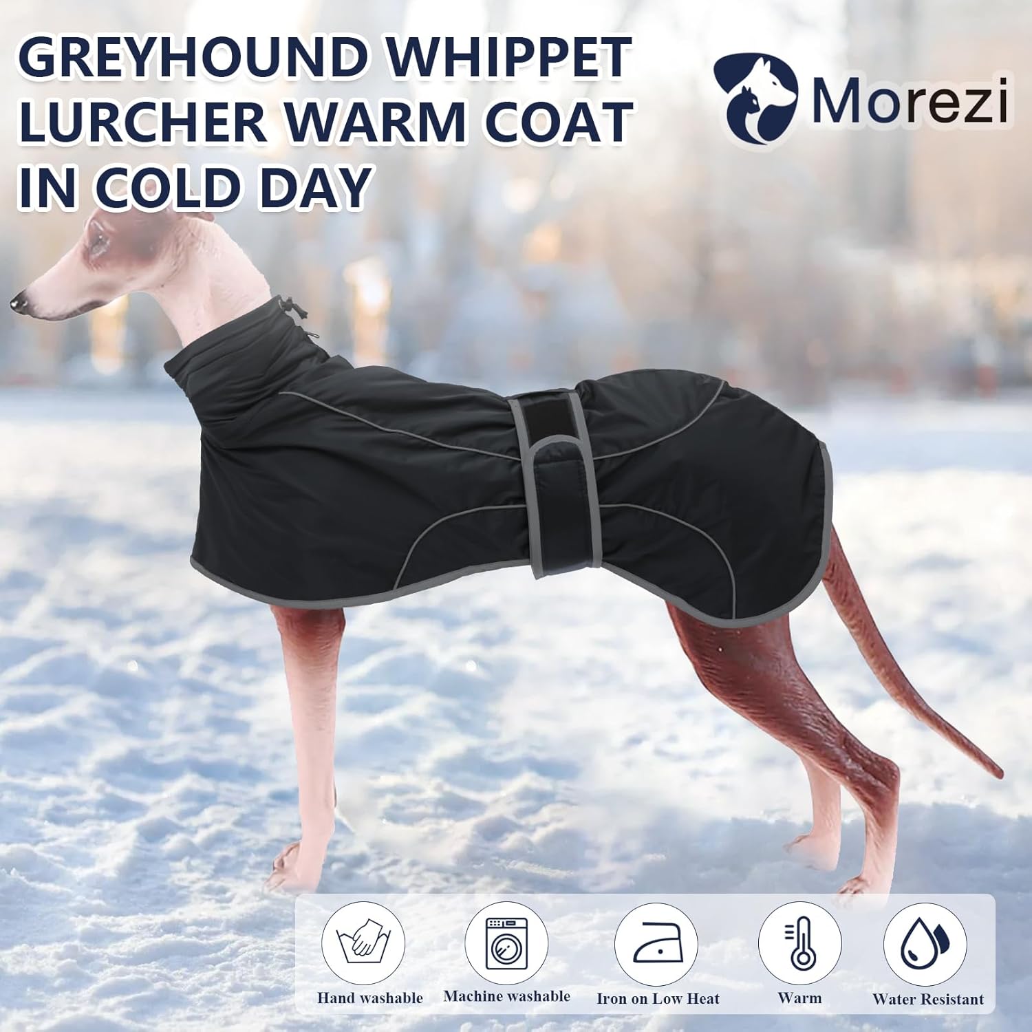 Thumbnail 1 de Morezi Greyhound Winter Coat (Whippet Coat) with Padded Fleece Lining – Water Resistant, Reflective & Adjustable Bands, Black, Large