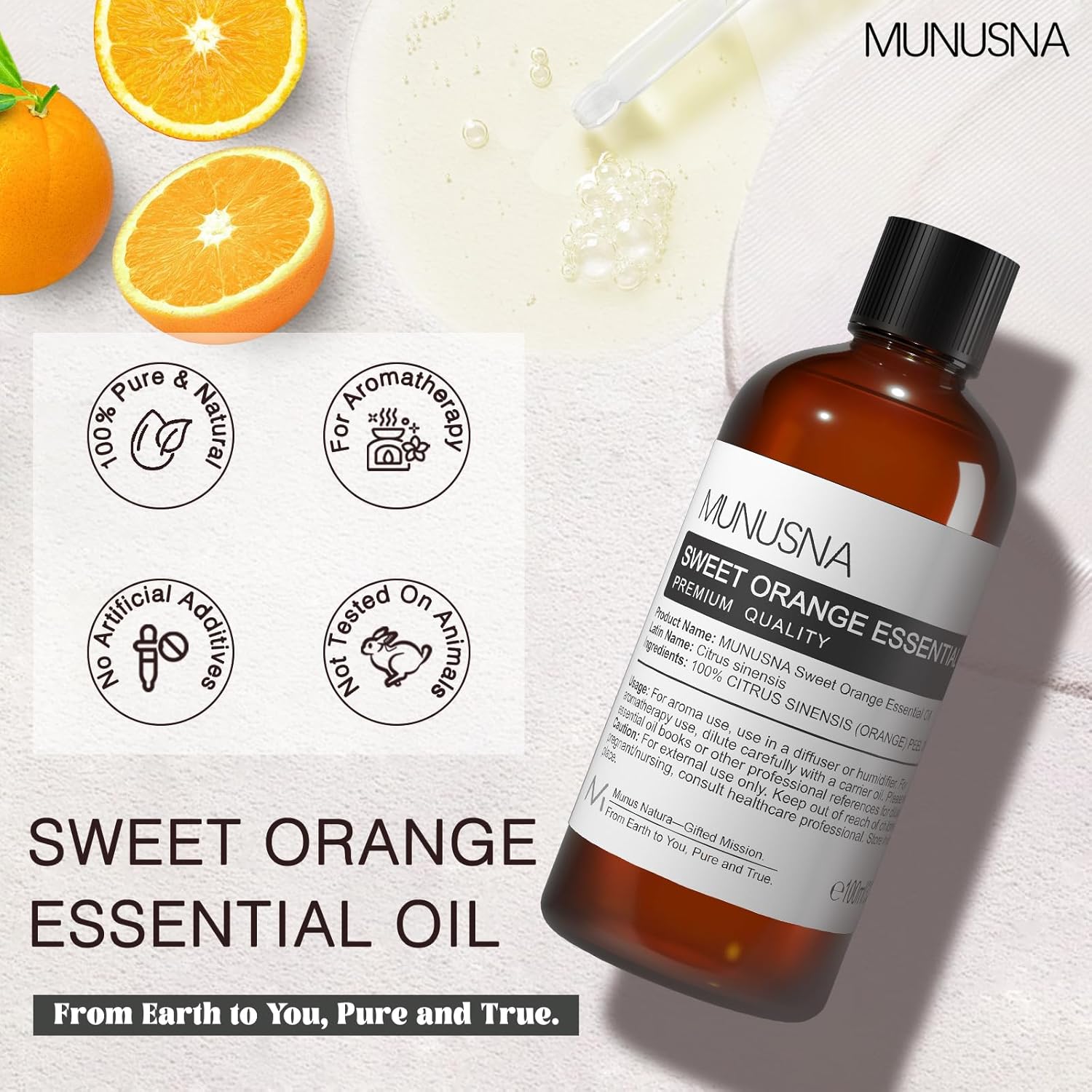 Detalle de MUNUSNA Sweet Orange Essential Oil (100ml) – 100% pure cold-pressed orange for aromatherapy, diffusers & DIY