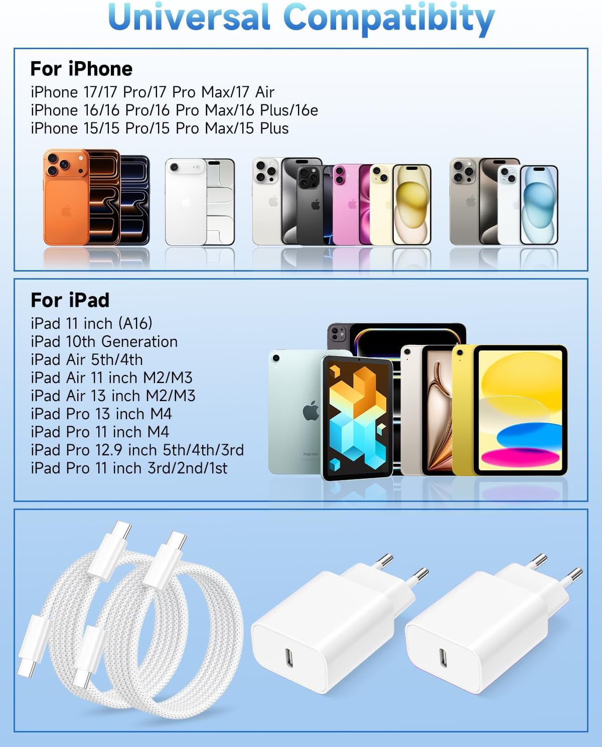 Detalle 2 de Chargeur rapide USB-C 20W 2 Pack avec câble 2 m – pour iPhone 17/16/15, iPad, MacBook et plus