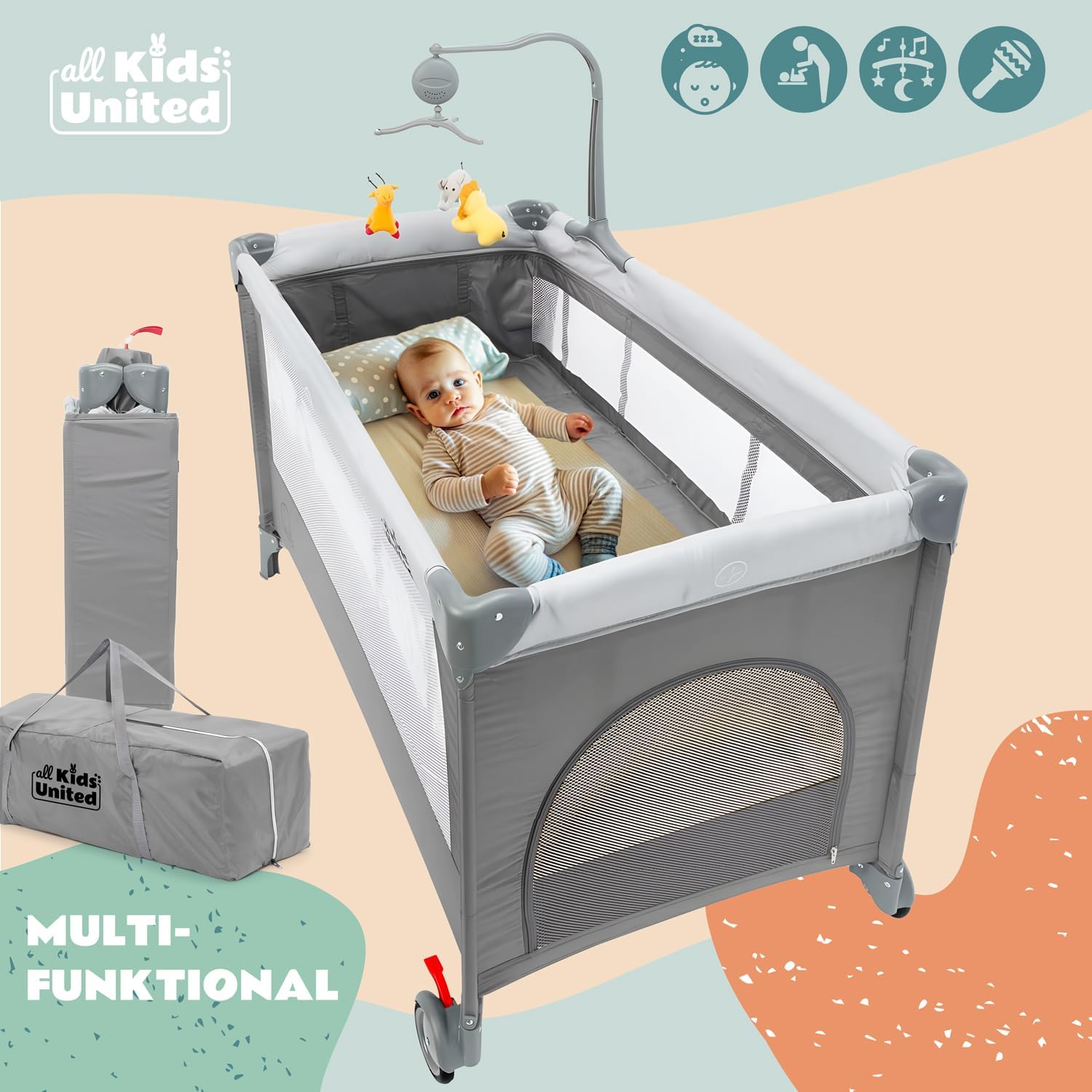 Thumbnail 1 de Voyage pour bébé Deluxe all Kids United Lit de voyage avec matelas à langer et mobile électronique (gris)