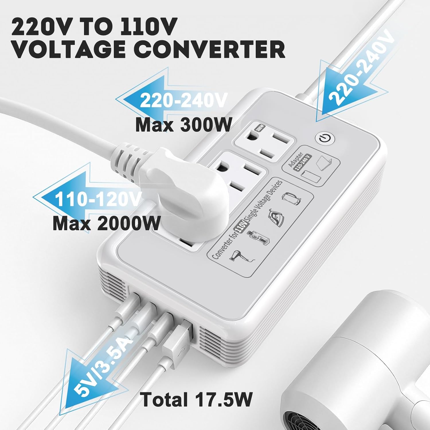 Thumbnail 3 de Mapambo 2000W 220V to 110V Converter for Hair Dryer + 7-in-1 Travel Adapter (Gray)
