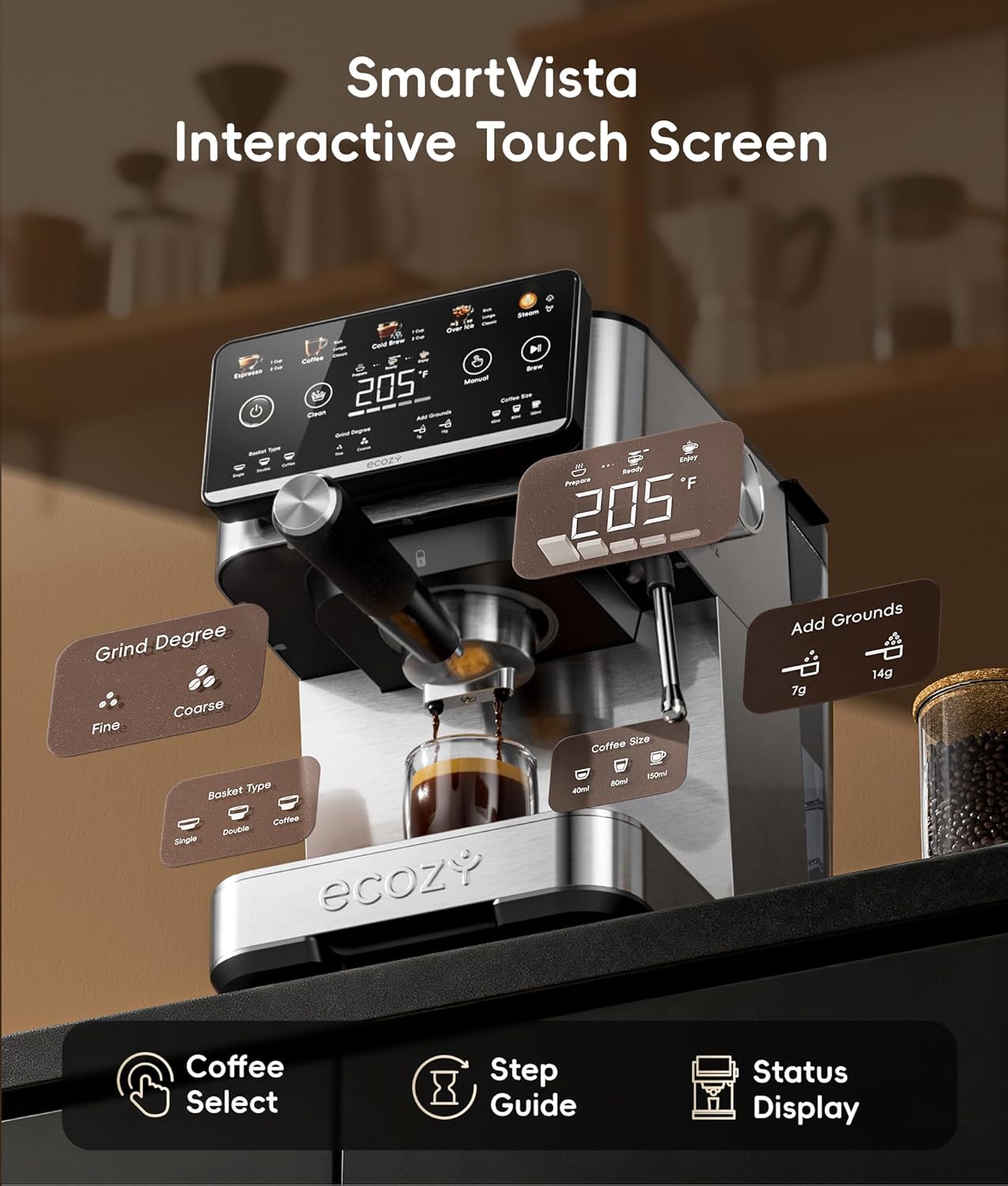 Thumbnail 2 de ecozy 4-in-1 Espresso Machine and Coffee Maker with Milk Frother and Interactive Touch Screen