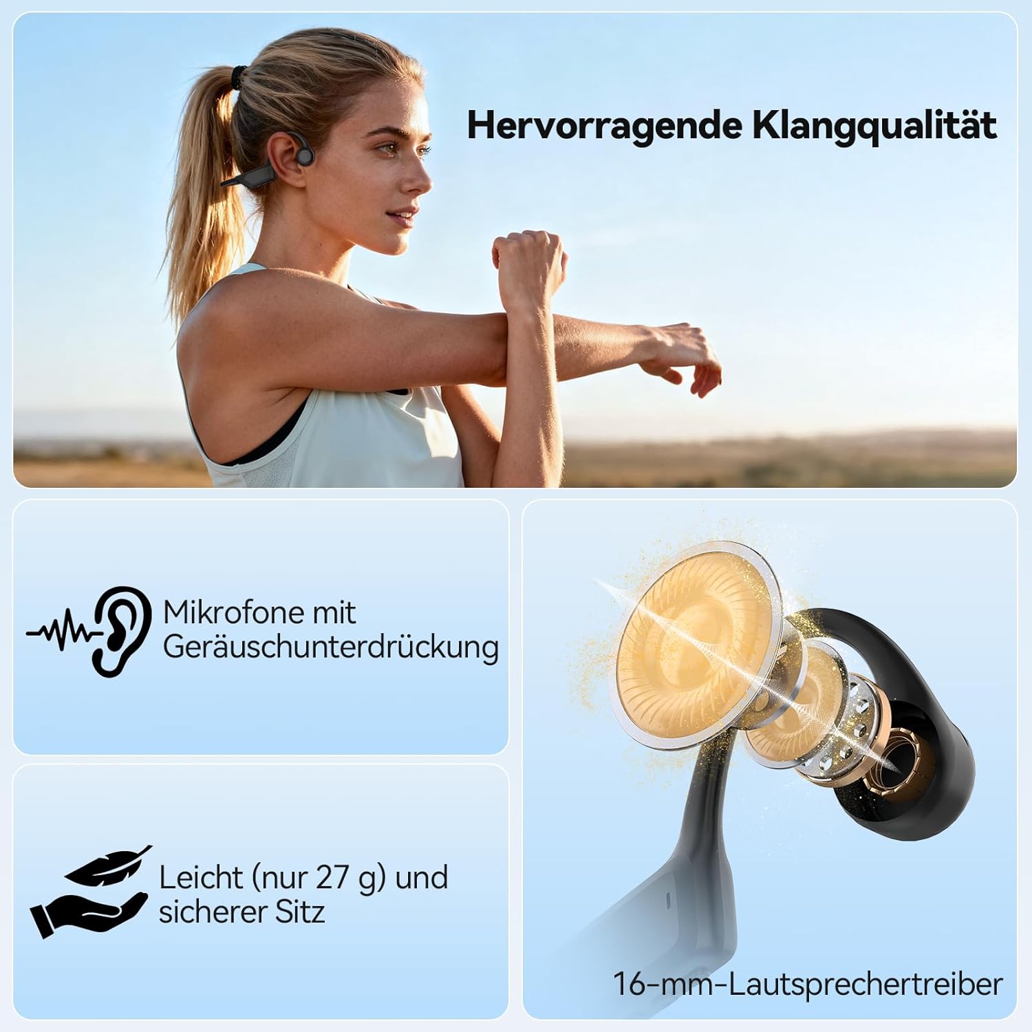 Detalle de TECKNET Knochenschall Kopfhörer Bluetooth – Open-Ear Bone Conduction mit 10 h Akku, IPX5, Mikrofon, Schwarz