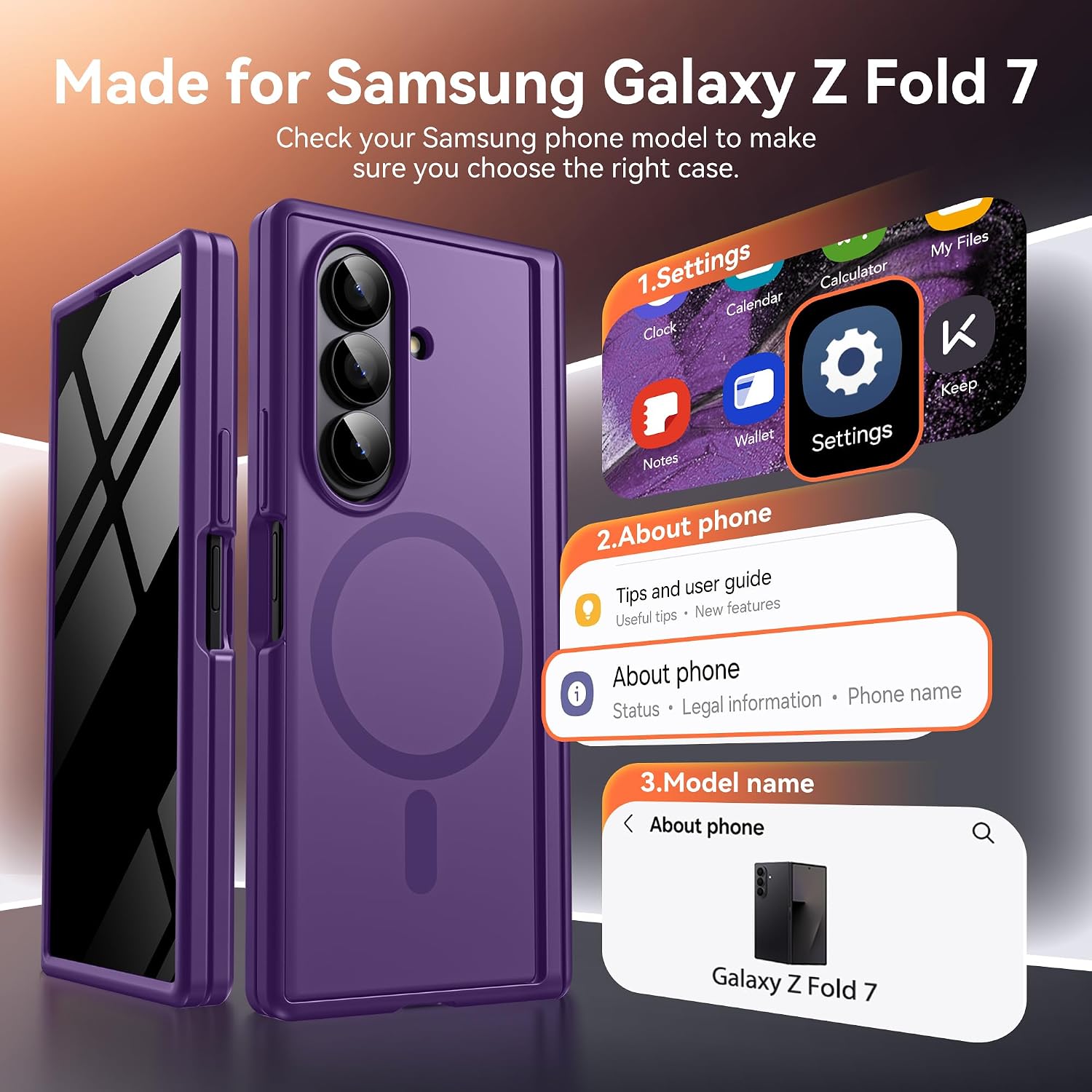 Detalle 2 de BERFY Z Fold 7 Case with Privacy Screen Protector, Hidden Kickstand & MagSafe Compatibility (Purple)