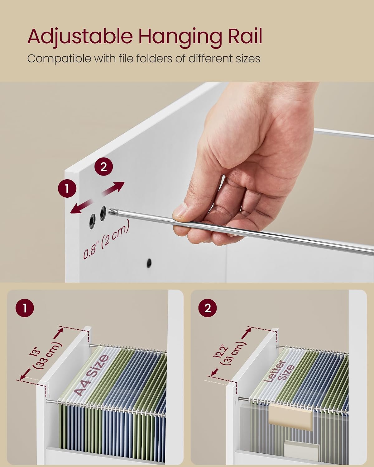 Detalle de VASAGLE Mobile File Cabinet, 3 Drawers with Wheels (OFC065WB01) – Cloud White