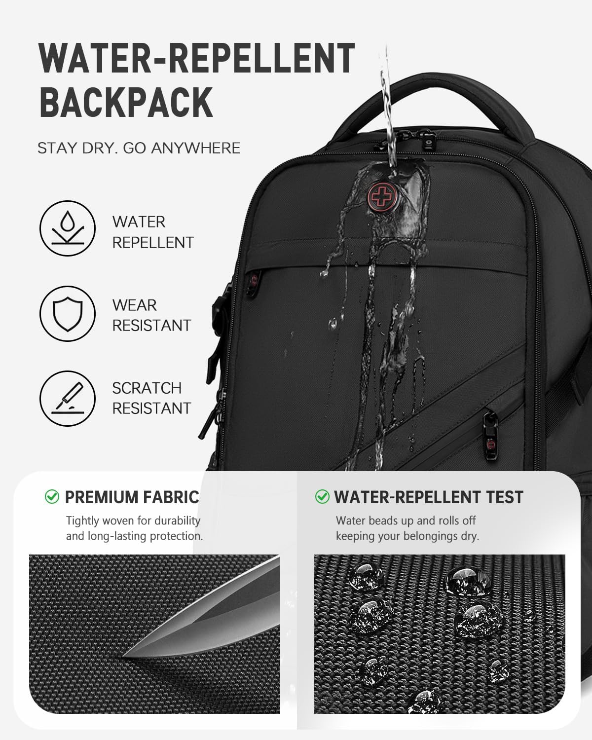 Detalle 2 de CROSSGEAR 17.3" Laptop Backpack with Anti-Theft Lock, Waterproof Travel Bag (USB-A & USB-C Charging) – Black