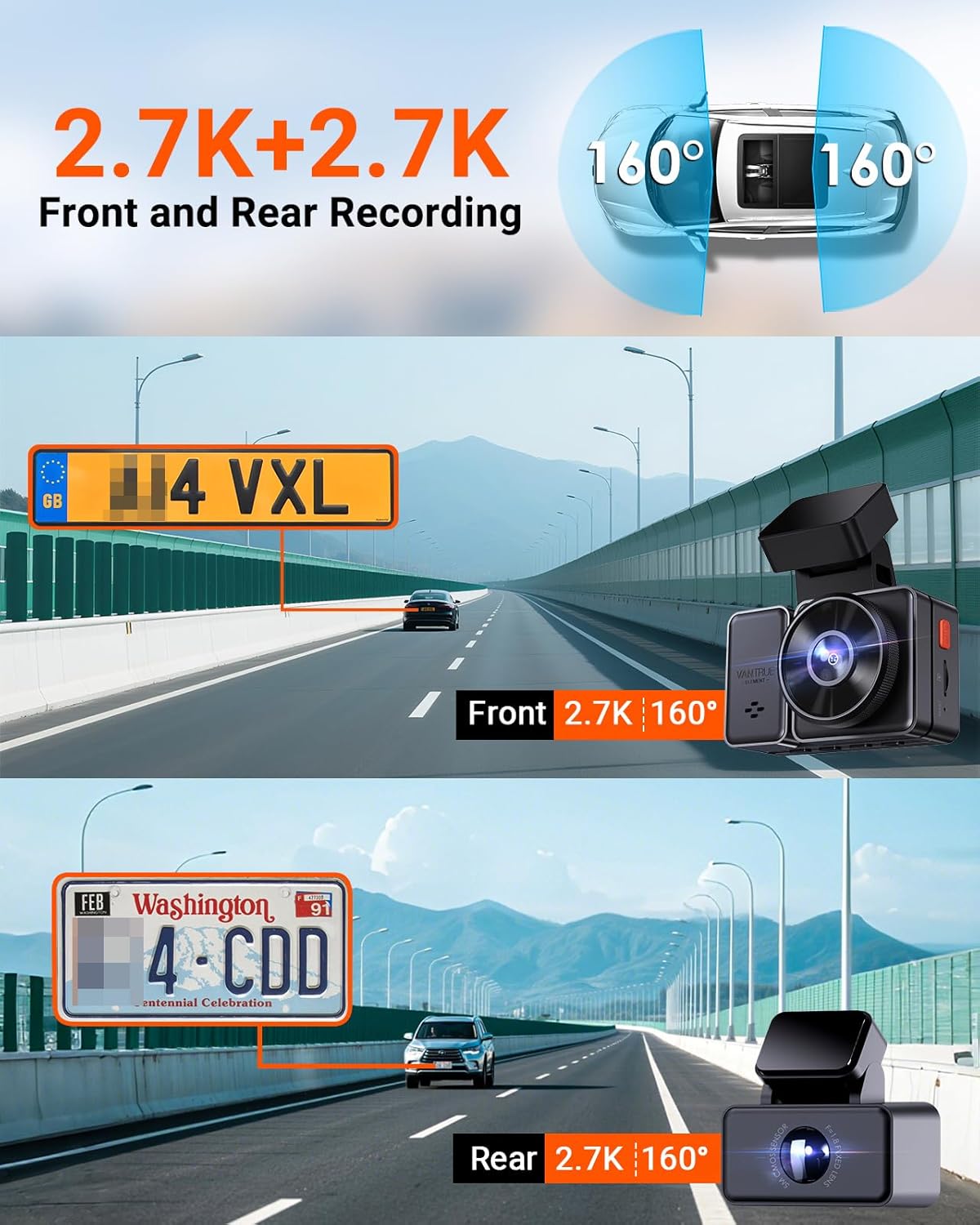 Thumbnail 1 de Vantrue E2 Dash Cam Front and Rear — 2.7K + 2.7K Dual Dash Camera