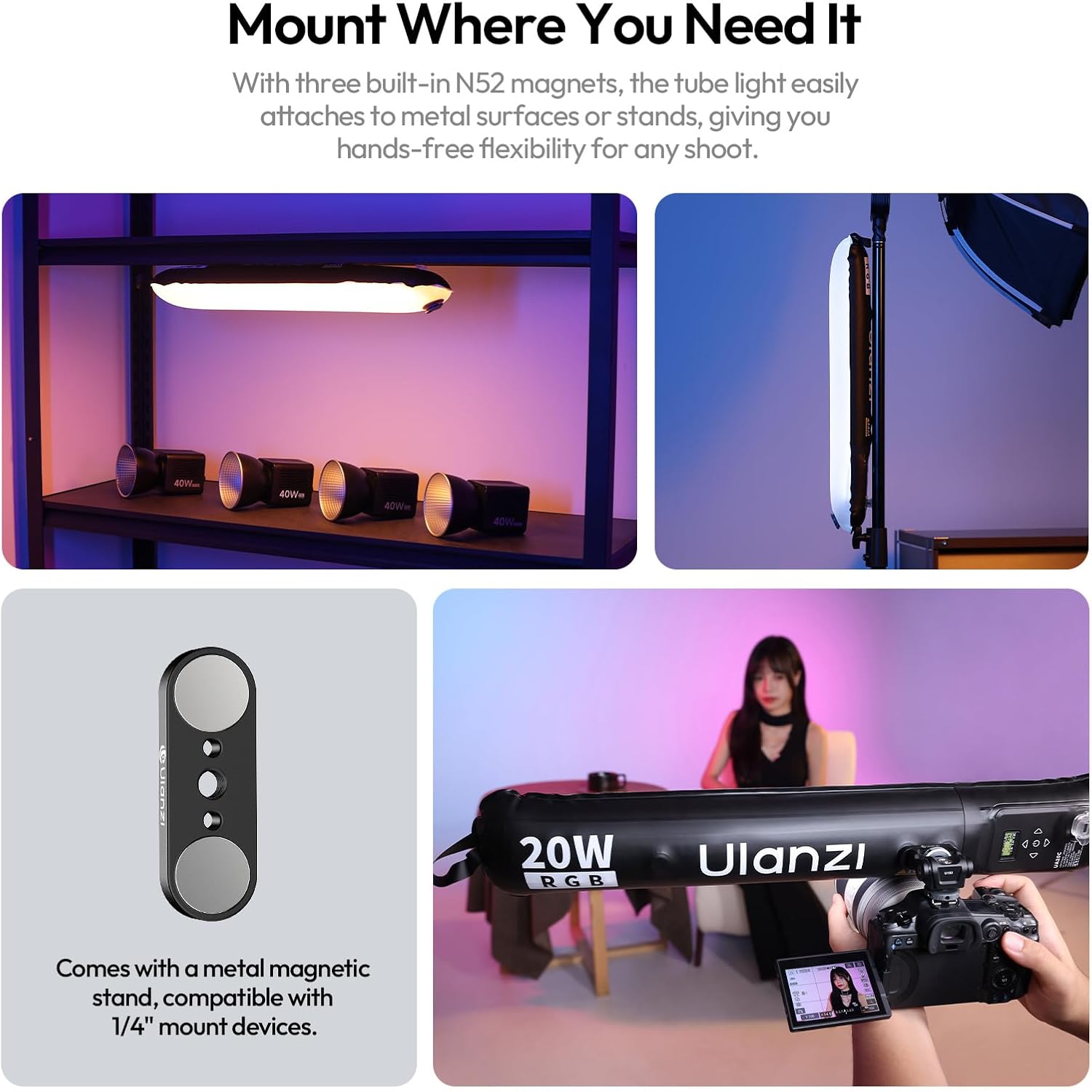 Detalle de ULANZI UA20C Lampe vidéo LED gonflable Tube à air RGB magnétique 20 W, CCT 1800–10000 K