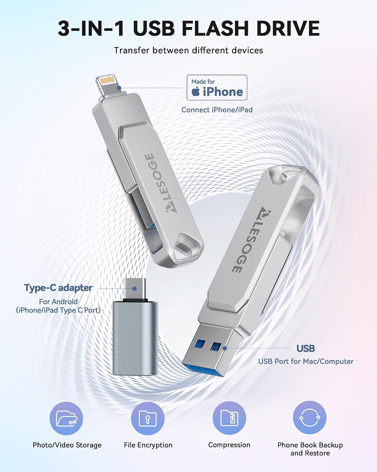 Detalle 2 de LESOGE 128GB USB 3.0 Flash Drive (MFi Certified) for iPhone, iPad, Android & PC/Mac with Touch ID/Passcode Encryption