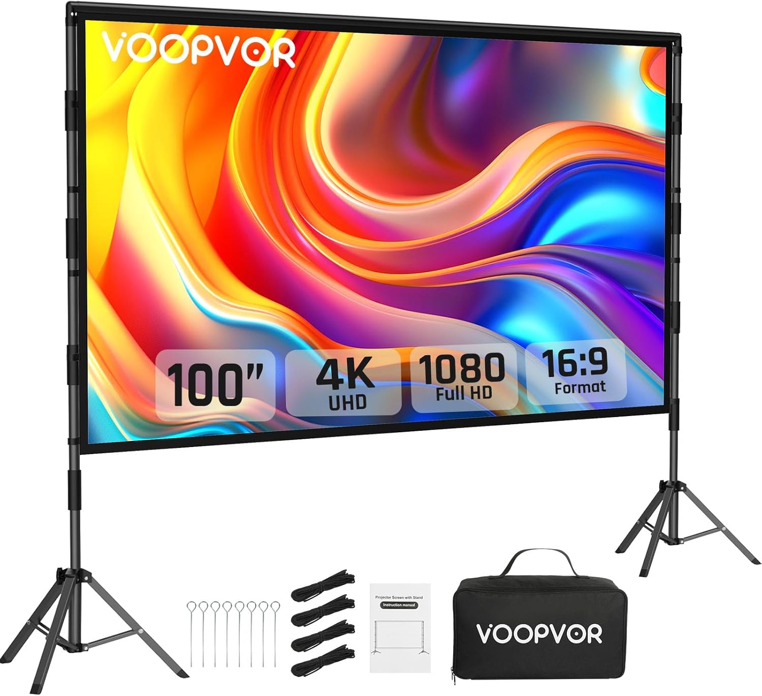 Detalle de VOOPVOR 100-inch Outdoor Projector Screen with Stand — Portable 16:9, Wrinkle-Free, 4K HD Ready