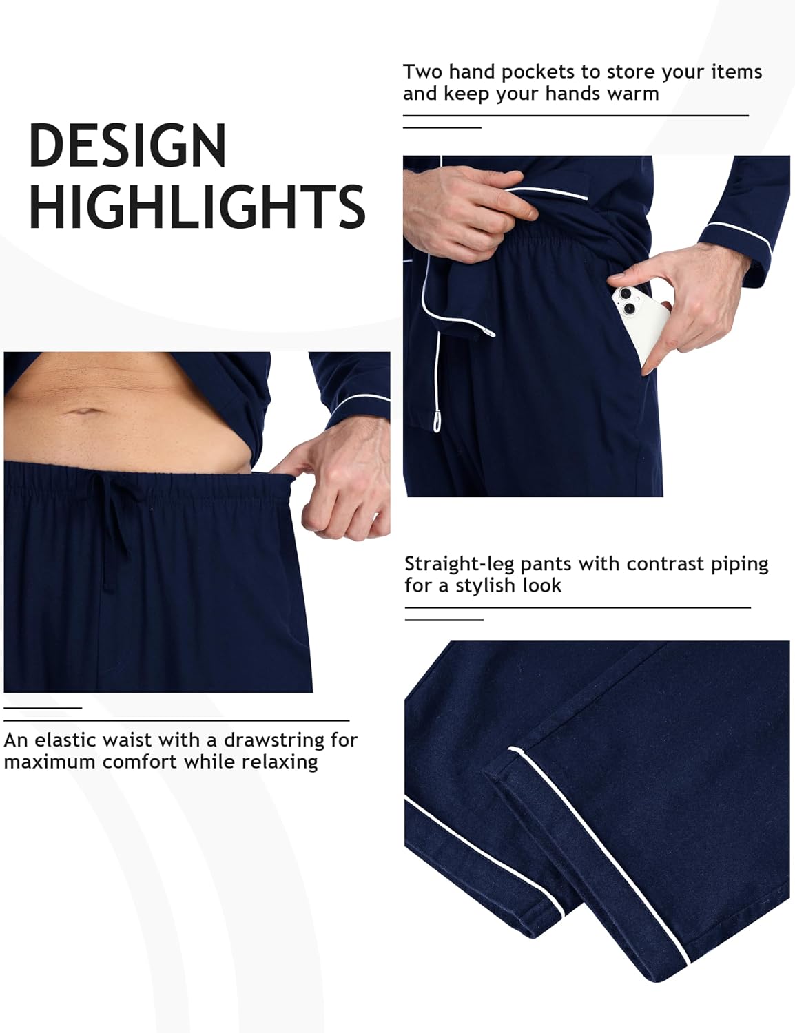 Detalle 2 de MoFiz Pyjama Homme Hiver en Coton – Ensemble Pyjama Boutonné, Manches Longues, Carreaux ou Uni