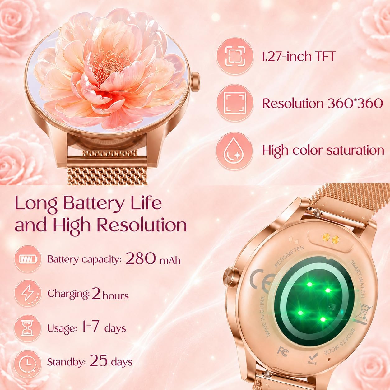 Detalle de Smart Watch Fitness Tracker Women: 1.27'' HD Screen, Calling, Health Monitoring and 114 Sport Modes