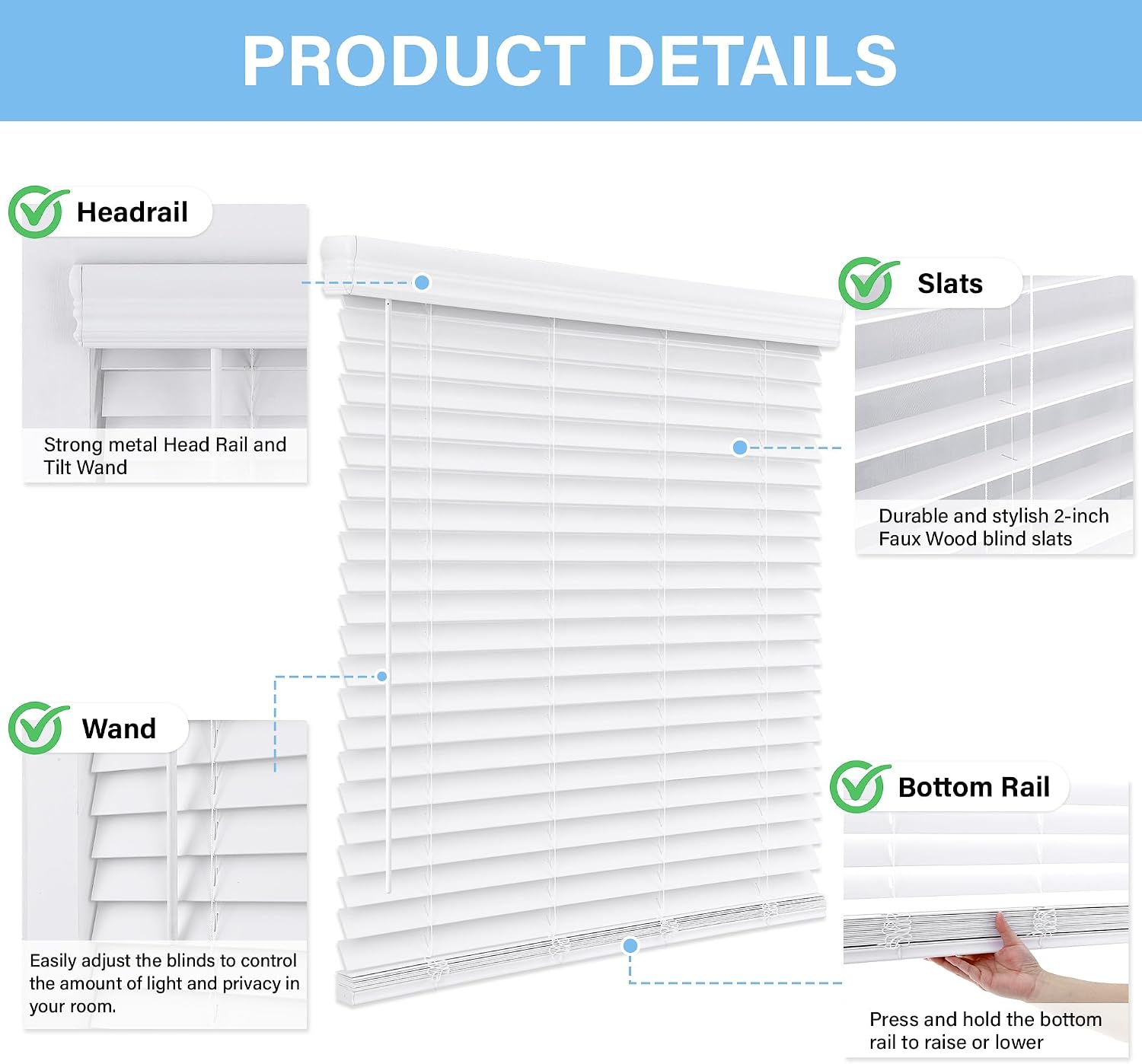Thumbnail 3 de AOSKY 2 Inch Cordless Faux Wood Blinds — Inside/Outside Mount, 34" W x 60" H