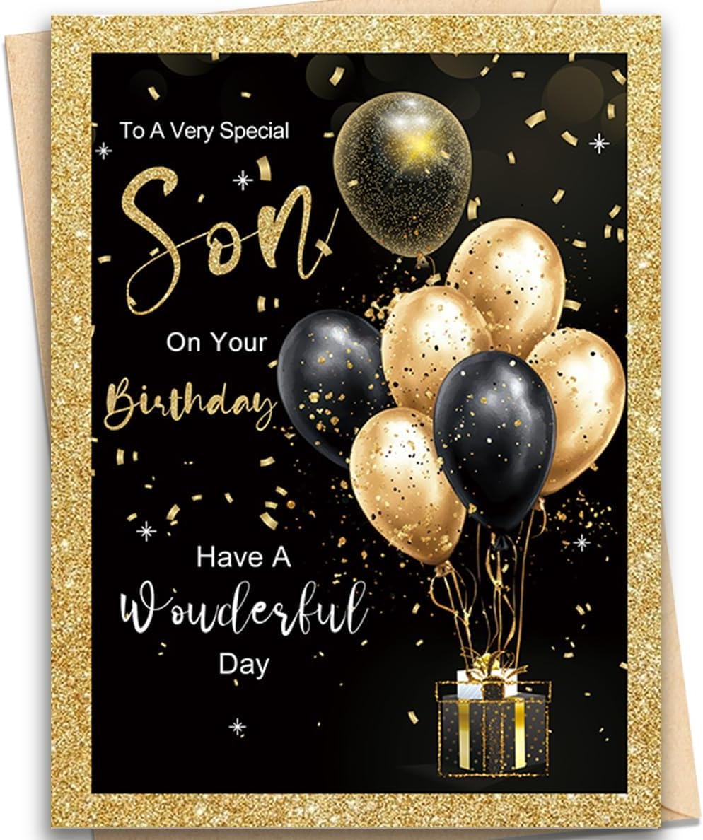 Detalle de Generic Son Birthday Card, 8 x 5.3-Inch Black and Gold Balloon Design