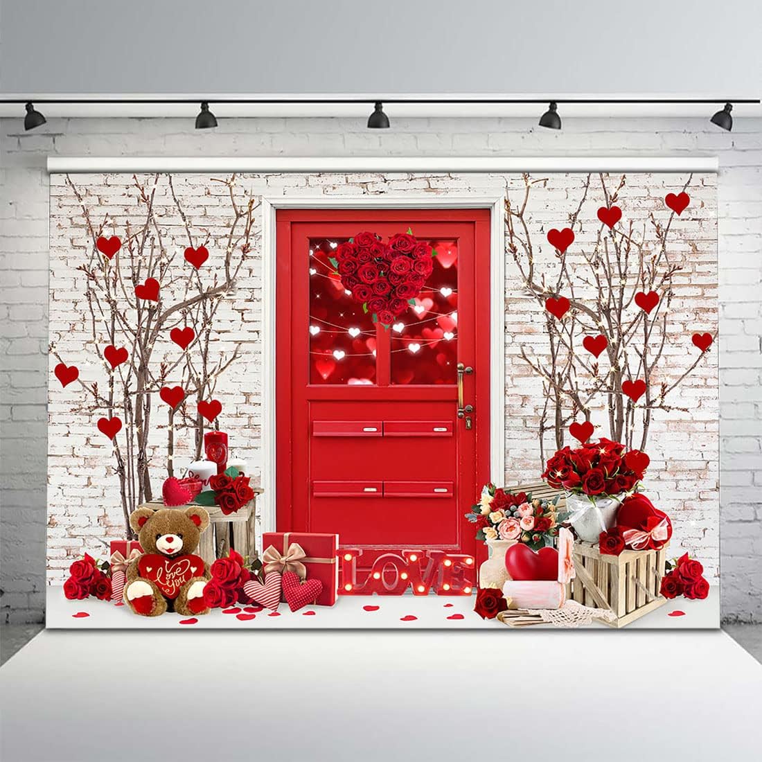 Thumbnail 6 de Avezano Valentine's Day Backdrop 7ft x 5ft – Red Rose Shop on White Brick Wall