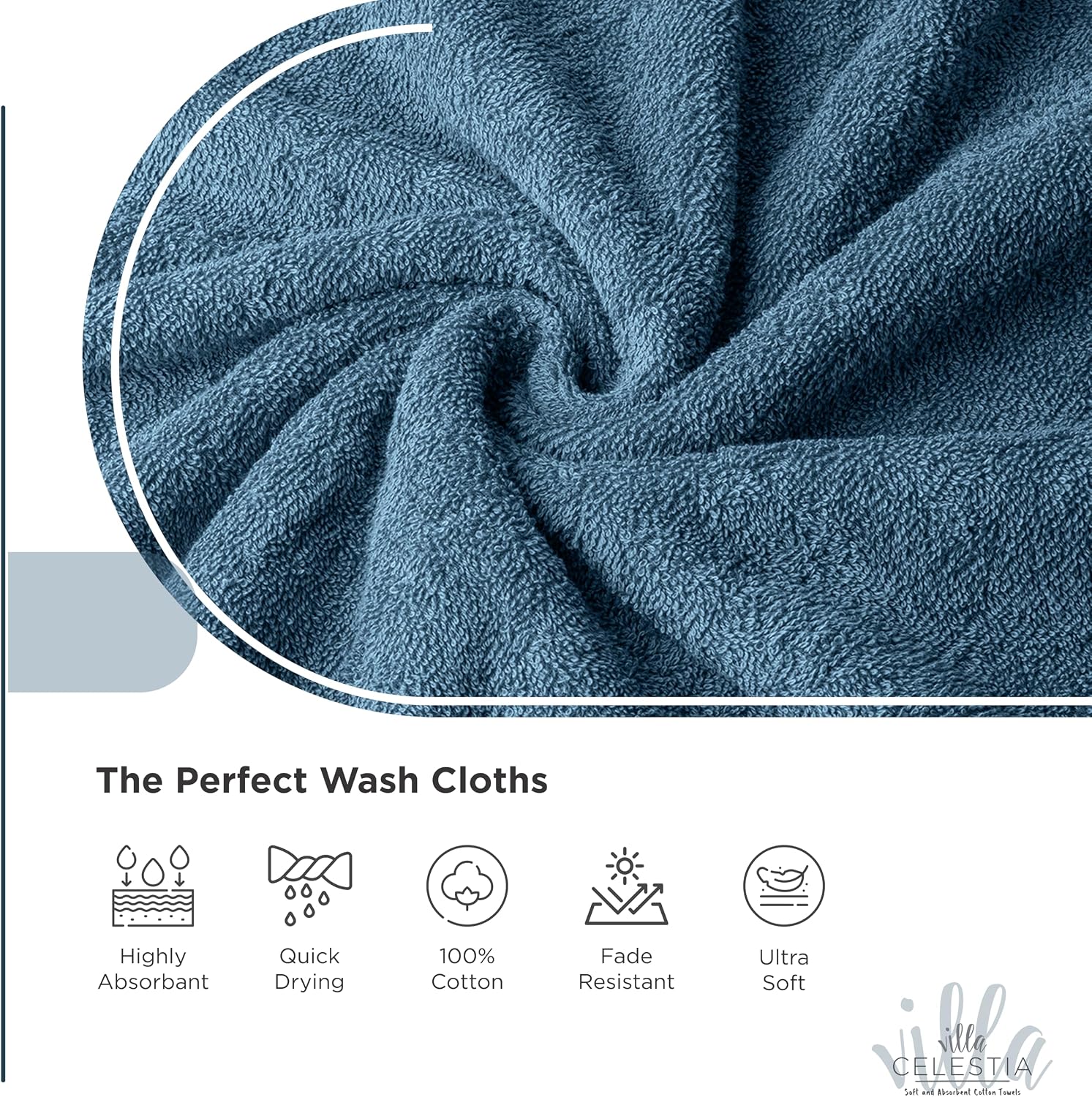 Detalle de Villa Celestia Cotton Washcloths Set of 6, 12x12 Inches — 100% Ring-Spun Combed Cotton