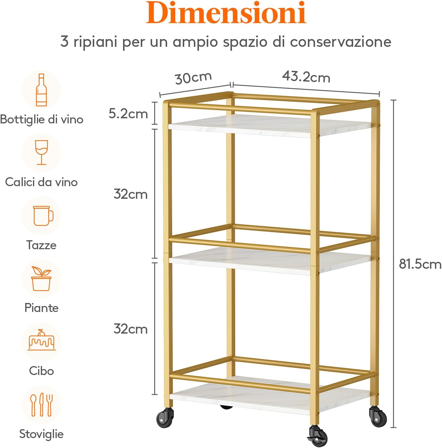 Detalle de Lifewit Carrello da Cucina a 3 Livelli con Ruote Blocca… Dorato – Versatilità e stile per casa e ufficio