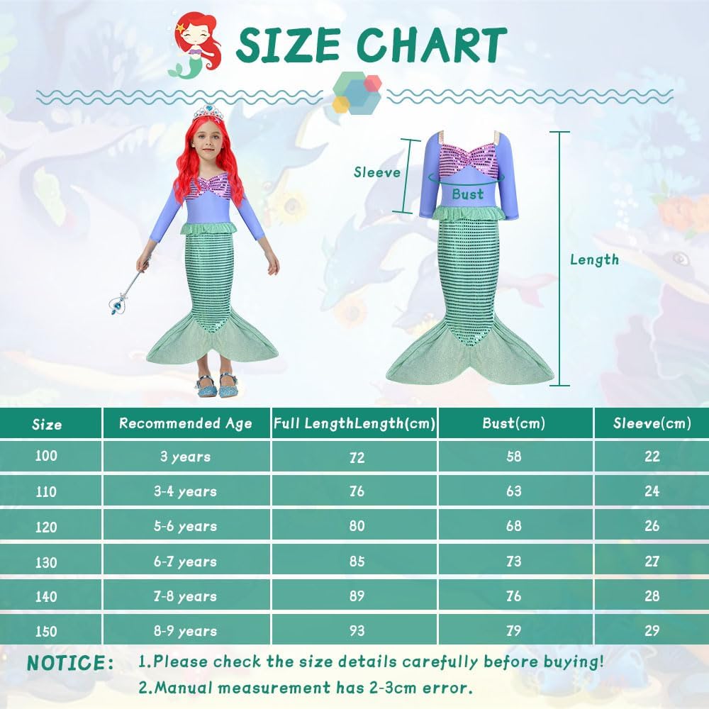 Detalle de AUYAO Vestito Sirenetta per Bambina – Costume di Prinsesi Ariel con Parrucca e Corono