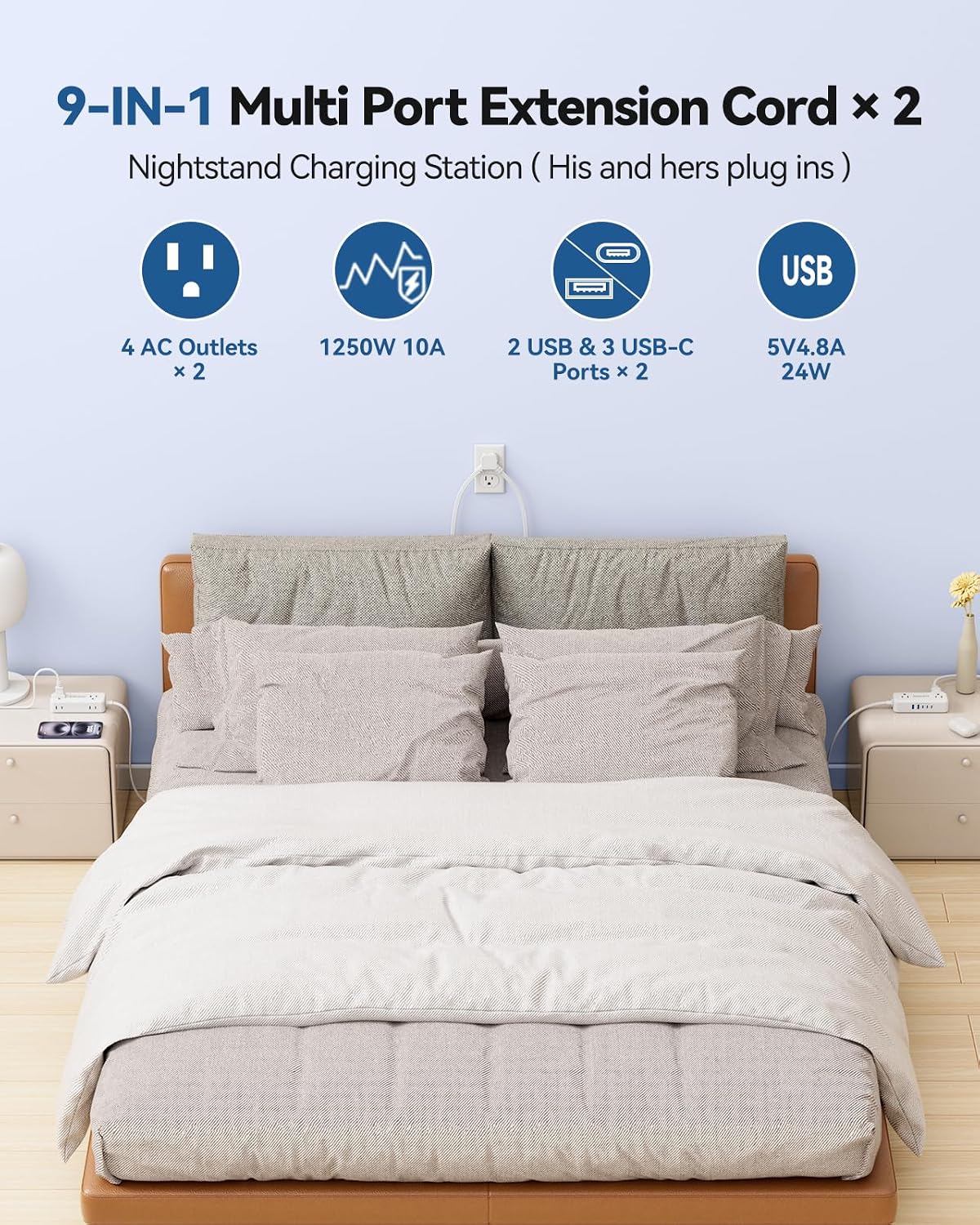 Detalle de kakahigh 788 Split Extension Cord, 20 ft, 4 AC Outlets, 5 USB Ports