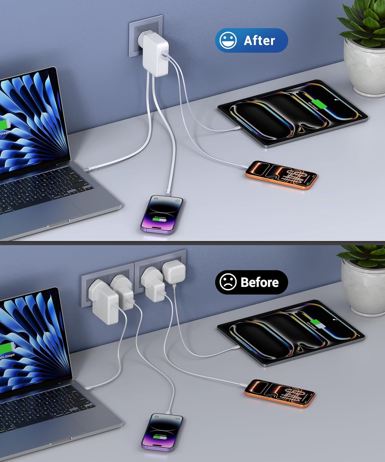 Detalle de 65W Wall Charger with Dual Retractable Cables: 4-in-1 UK Travel Ready Power Hub