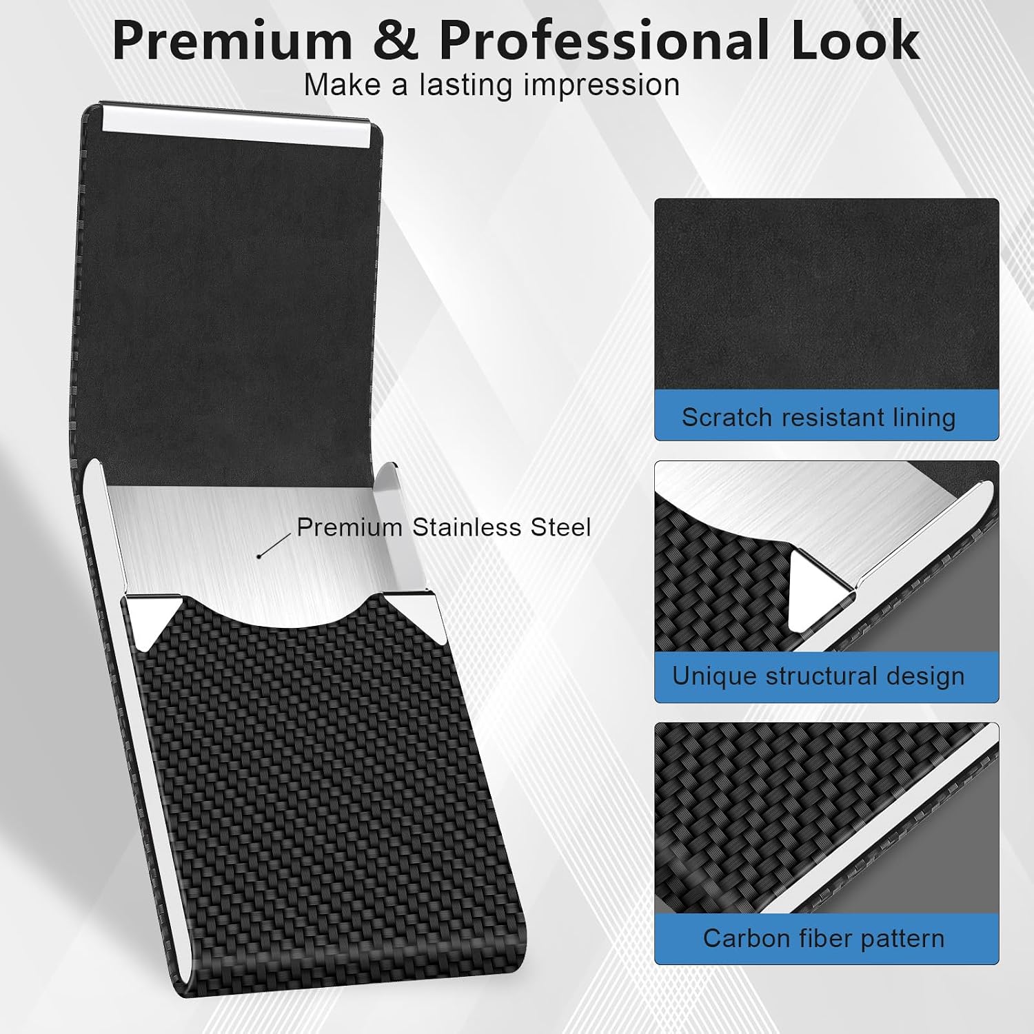 Detalle de BABAWOWO Slim RFID-Blocking Card Holder with PU Leather & Stainless Steel – Black Carbon