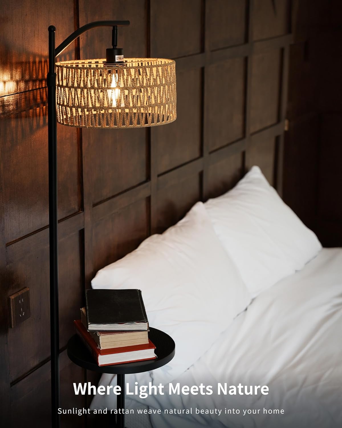 Detalle de LuminexDesigns Stehlampe Wohnzimmer Vintage Rattan – Höhenverstellbar, E27, Ablage, Fußschalter, Schwarz-Beige