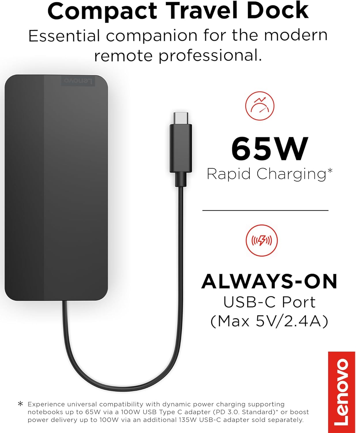 Thumbnail 1 de Lenovo USB-C Dual Display Travel Dock - 7 Ports, Integrated Cable, 4K Dual Display Capable