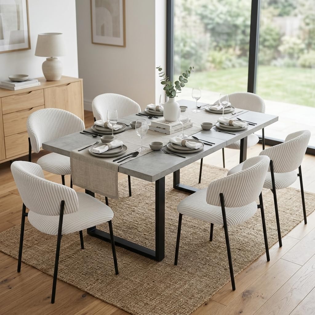 Detalle 2 de JIEXI J15+JD8483 matbordsset, utdragbart 130–170 cm med 6 vita manchesterstolar