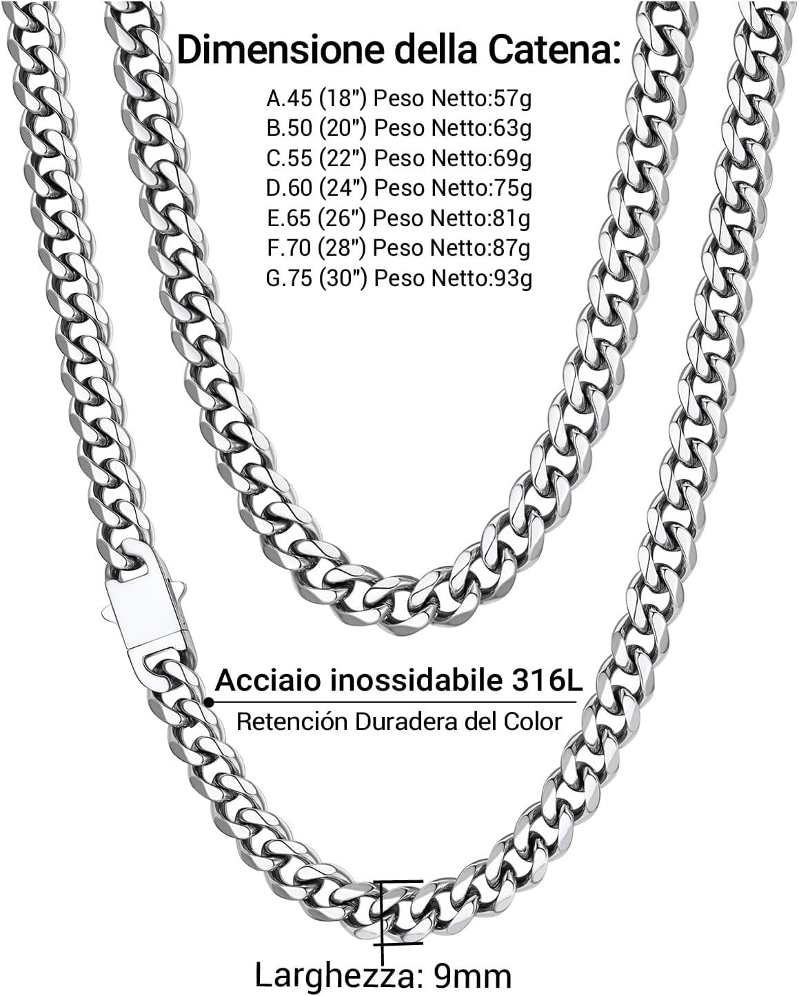 Thumbnail 6 de PROSTEEL Collana argento uomo catena cubana Miami in acciaio inox 316L (6/9/12 mm) 45-75 cm