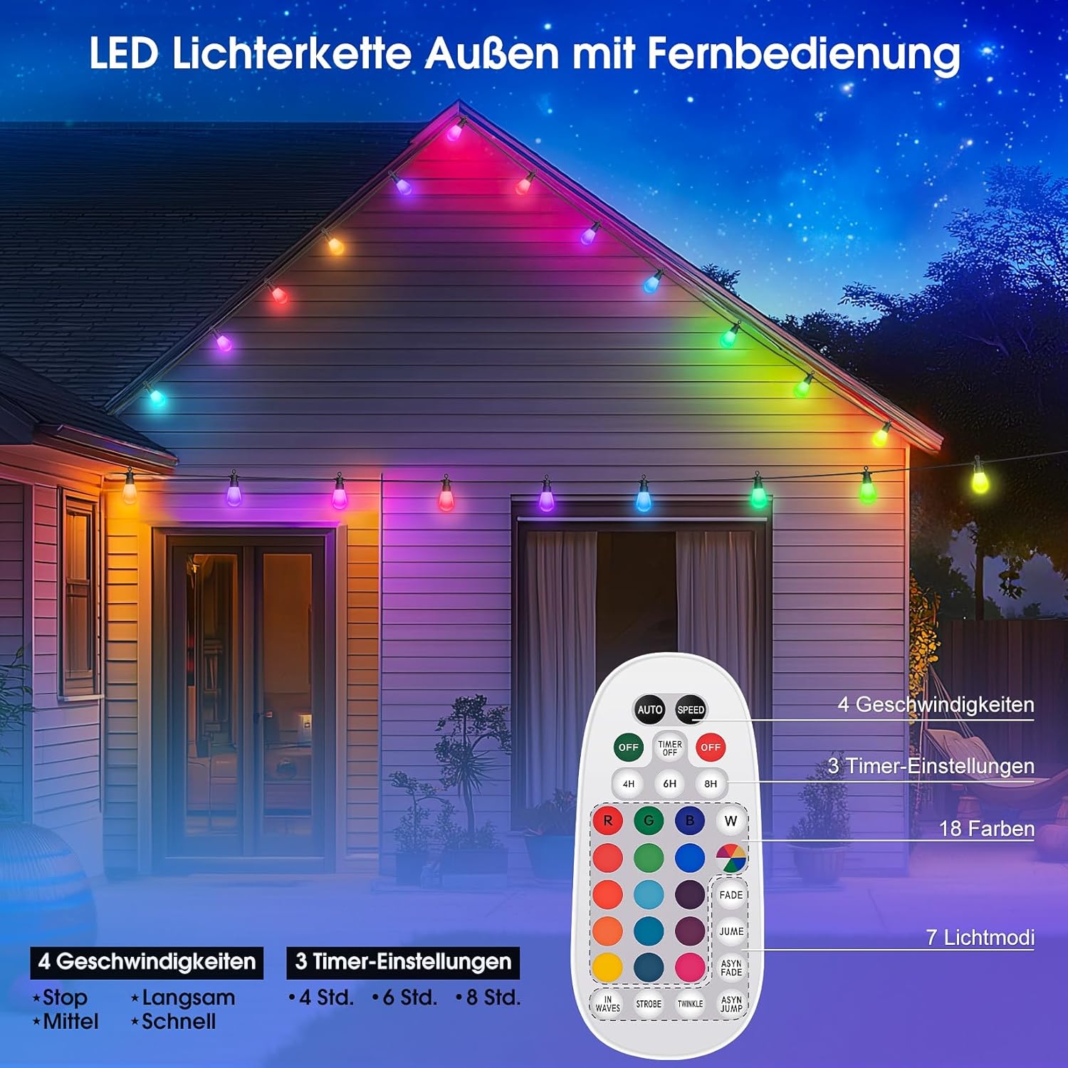 Detalle de LED Lichterkette Außen Strom Weihnachten – 21 m bunt RGB, IP65, Fernbedienung, 19 Glühbirnen + 1 Ersatz