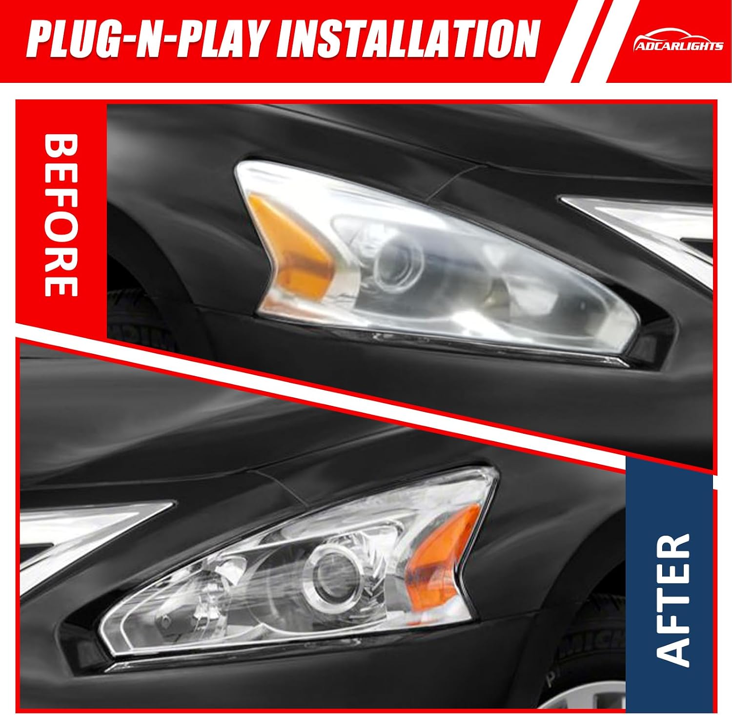 Thumbnail 4 de ADCARLIGHTS Headlight Assembly Replacement Pair for 2013-2015 Nissan Altima (Clear Lens, Chrome Housing, Amber Reflector) w/o Bulbs