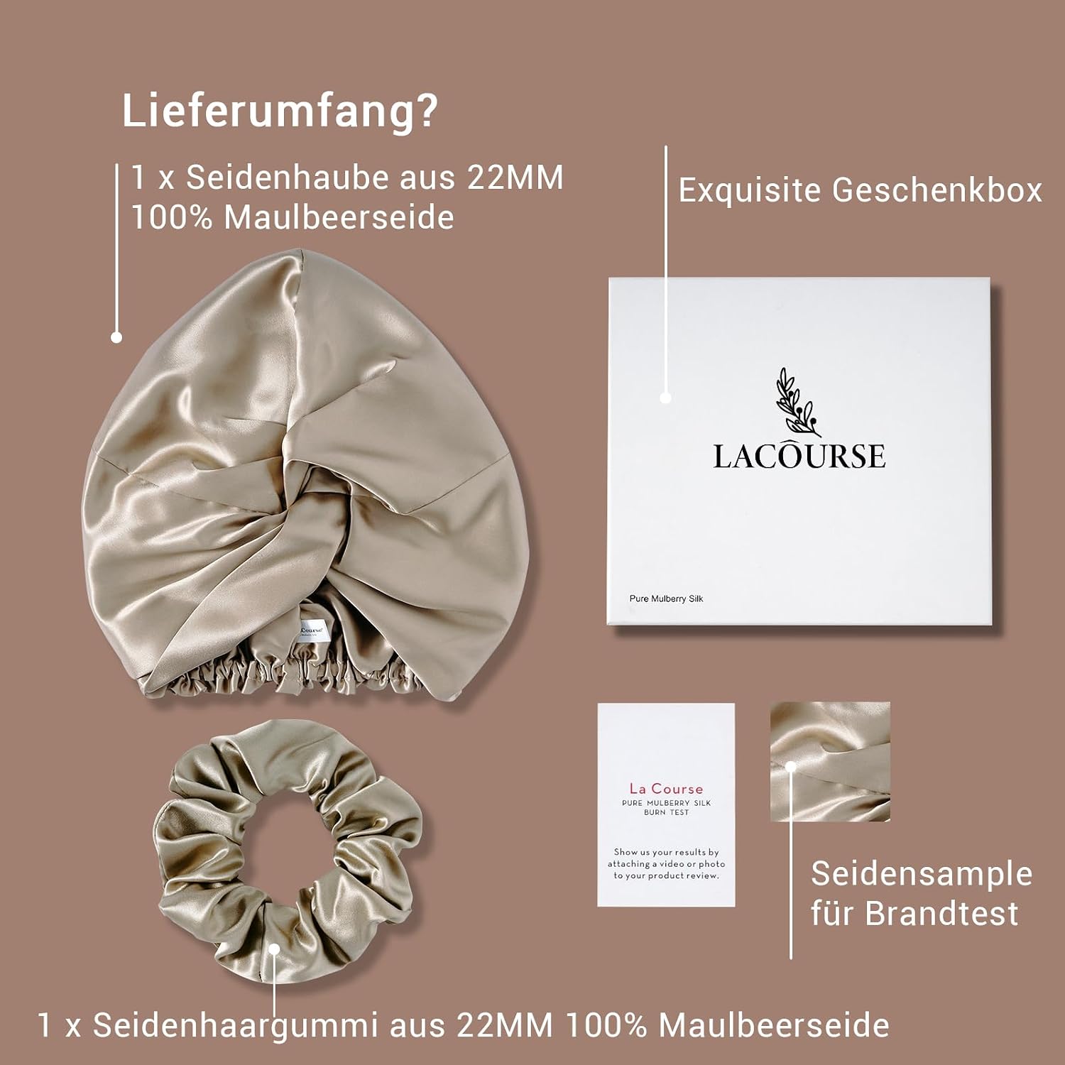 Detalle de LaCourse Rutschfeste Verstellbare Echte 22 Momme Seidenhaube aus 100% Maulbeerseide (Karamell) – Schlafhaube für gesundes Haar