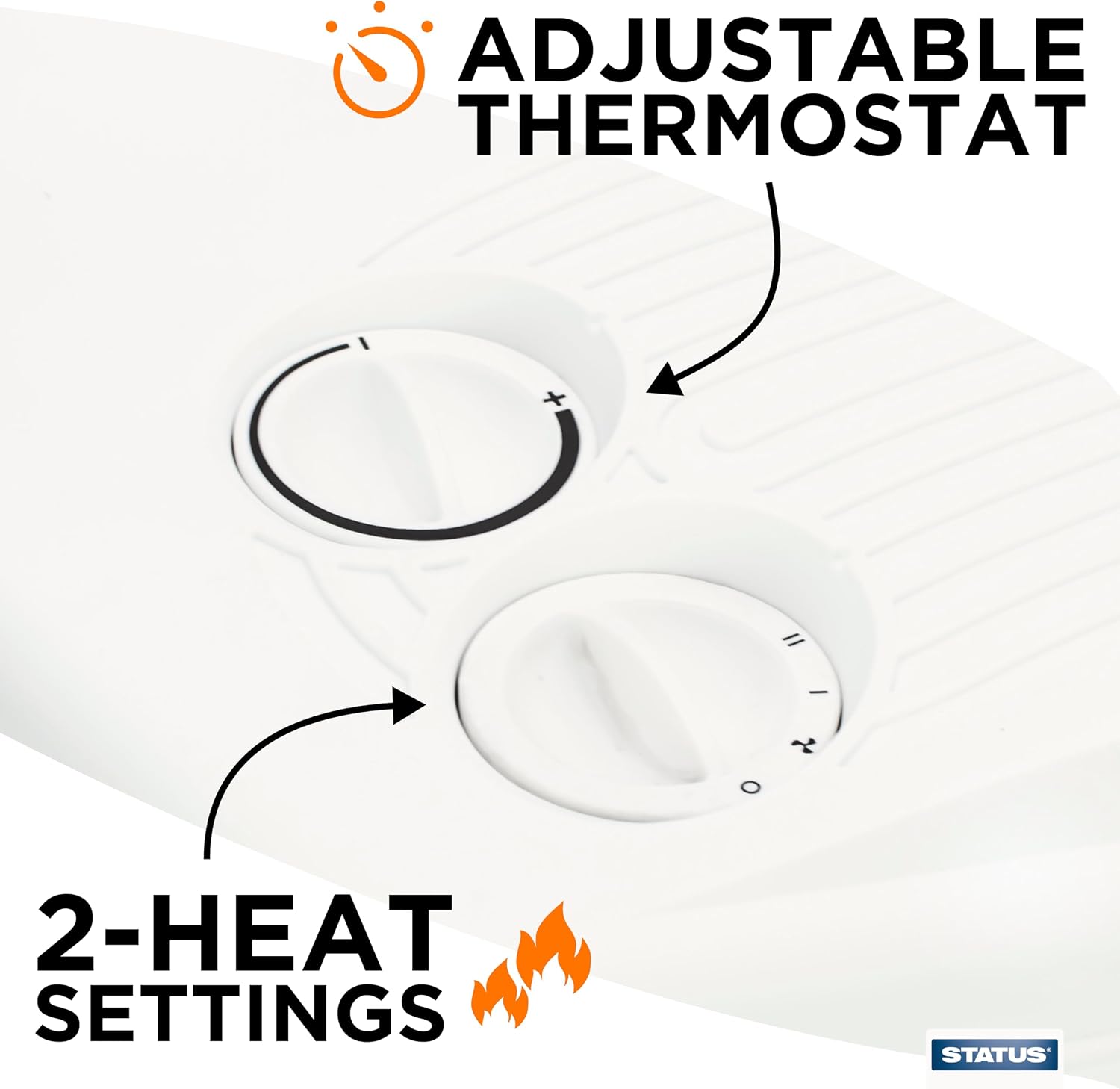 Detalle de STATUS Flat Fan Heater 3000W (3 kW) Portable Indoor Radiator, White, 2 Heat Settings & Thermostat Control