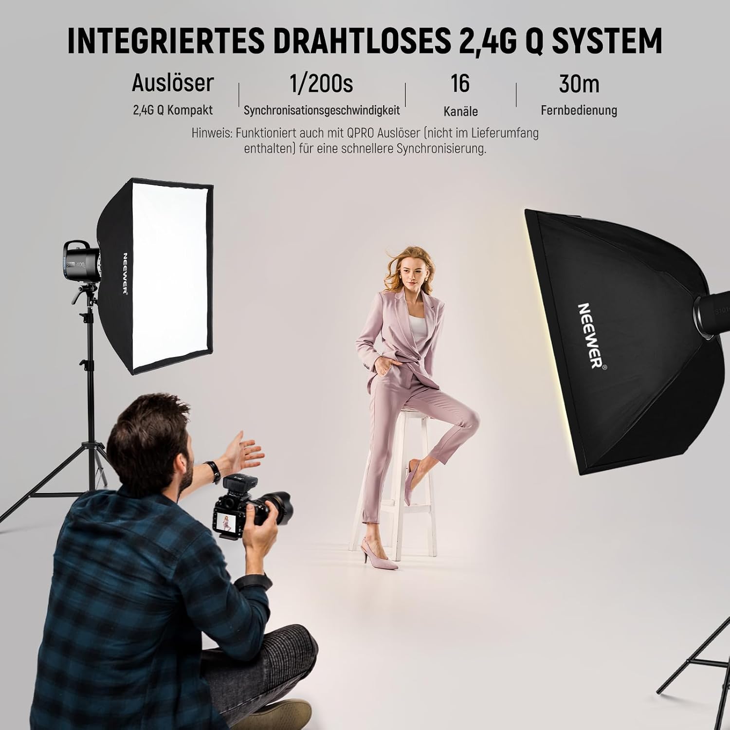 Detalle de NEEWER 800Ws Studio Monolight S101-400W PRO Blitz-Set (2er-Pack) mit 2,4G Auslösern, Bowens Mount und Softboxen
