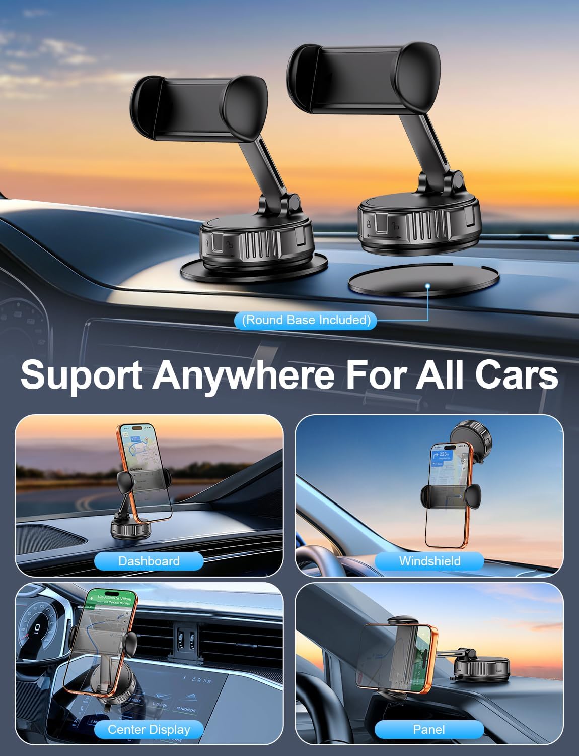 Detalle 2 de bokilino Vacuum Suction Car Phone Mount with 360° Rotation and Nano Gel Base