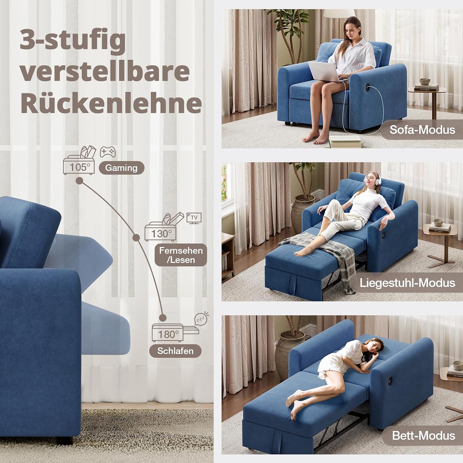 Thumbnail 3 de Luxstein Sillón 3 en 1 cama sofá Azul