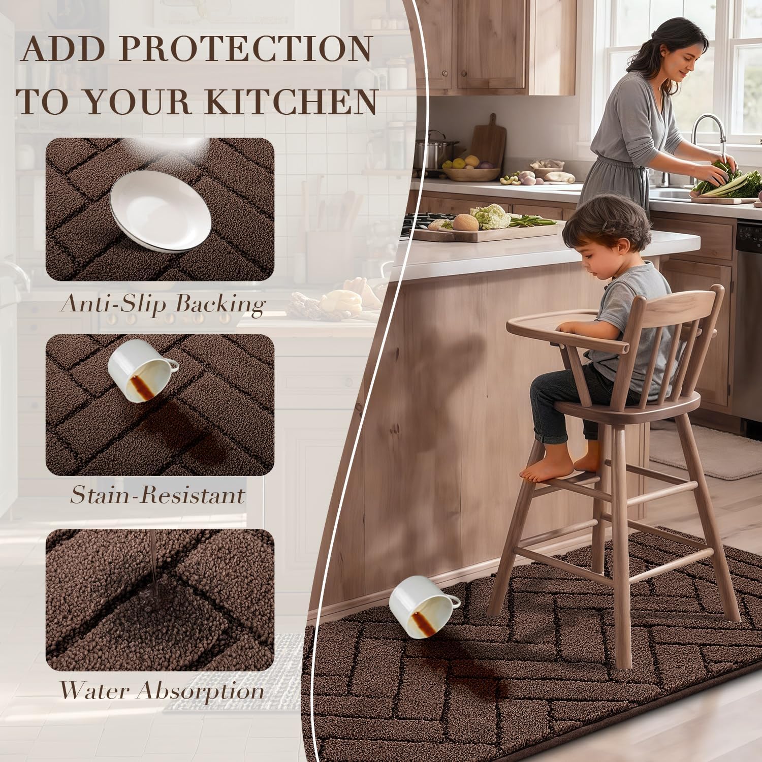 Thumbnail 4 de Kitchen Runner Rugs 20" x 48" Non-Slip Kitchen Mat Set (Camel)