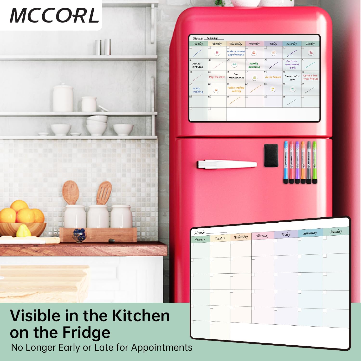 Thumbnail 2 de MCCORL Magnetic Fridge Whiteboard Calendar (Weekly/Monthly Planner) for family reminders