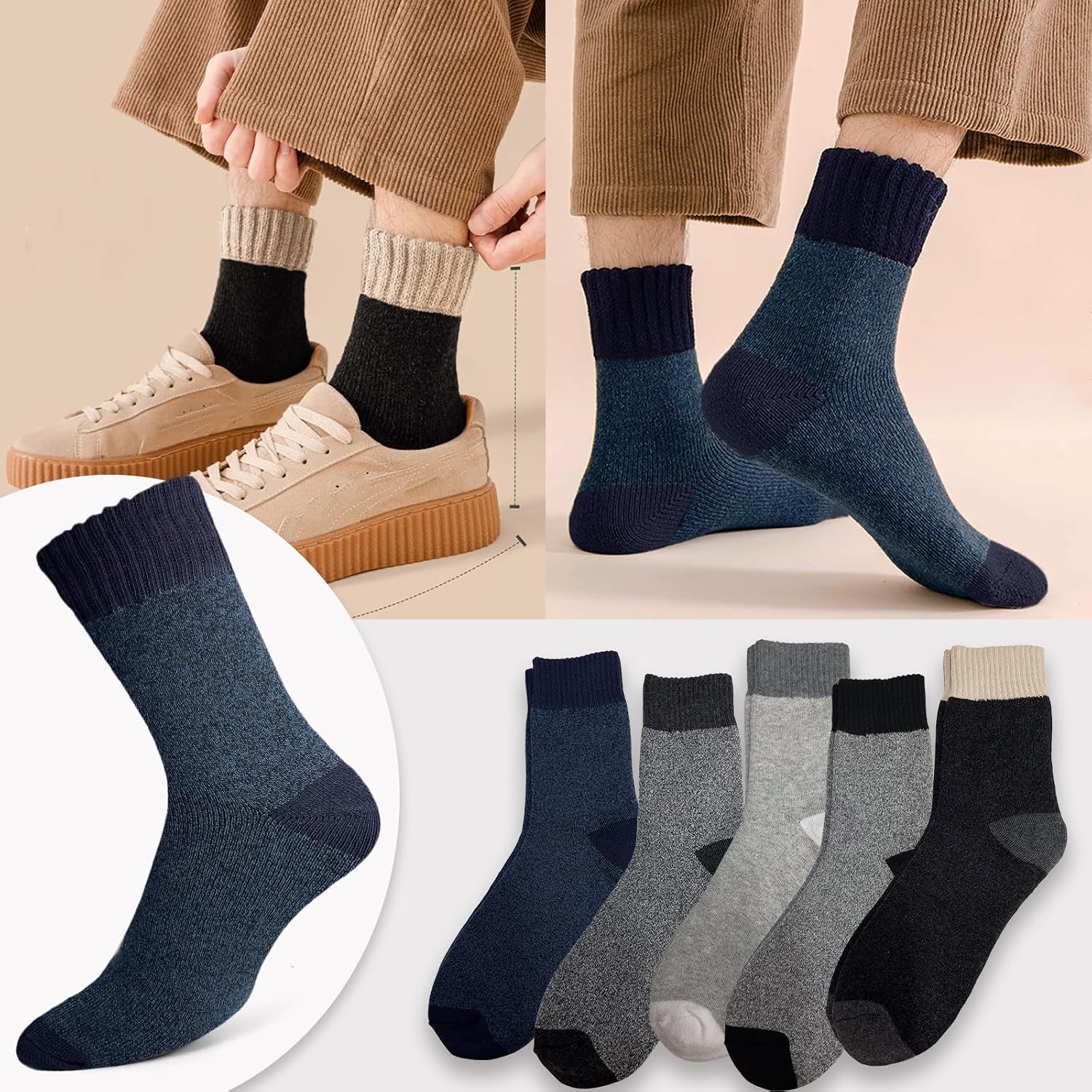 Detalle 1 de Josnown Men's Thermal Wool-Blend Socks, 5 Pairs with Full Terry Cushion