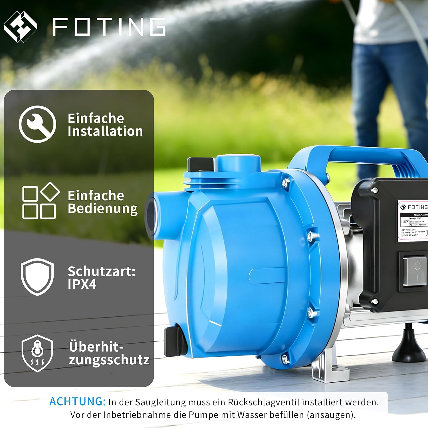 Detalle de FOTING Gartenpumpe 1100 W – 7.200 l/h, 50 m Förderhöhe, 4,5 bar Druck, IPX4, mit Tragegriff