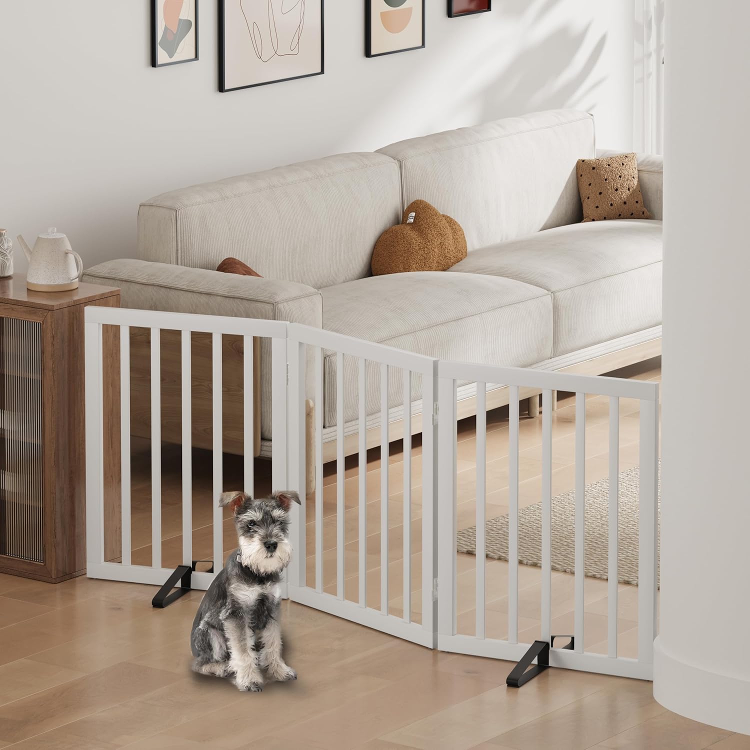 Thumbnail 5 de Algherohein freistehendes Hundegitter für Türen, faltbar (3 Paneele, weiß) – Raumteiler aus Bambusholz