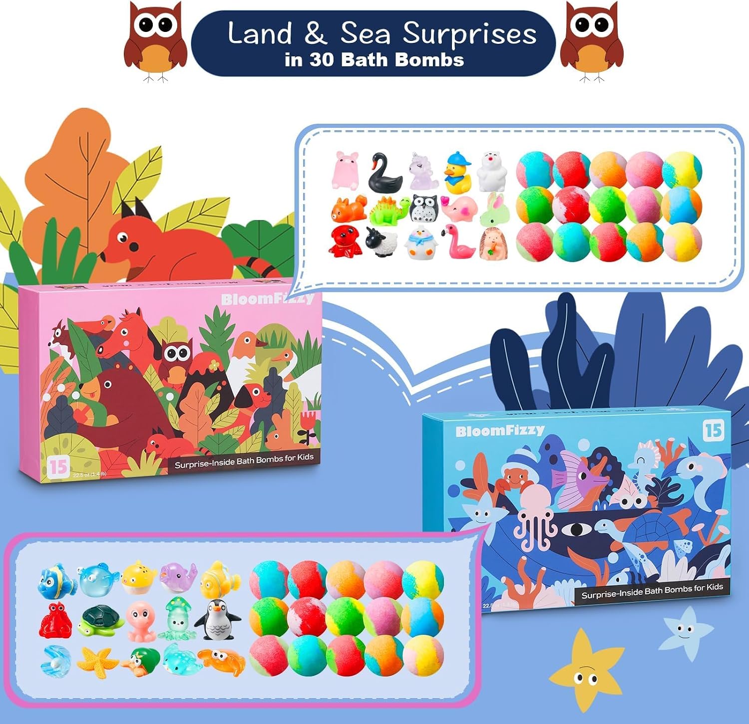 Thumbnail 3 de BloomFizzy 30 Kids Bath Bombs with Surprise Inside – Two Theme Gift Set with 15 Land & 15 Sea Creatures