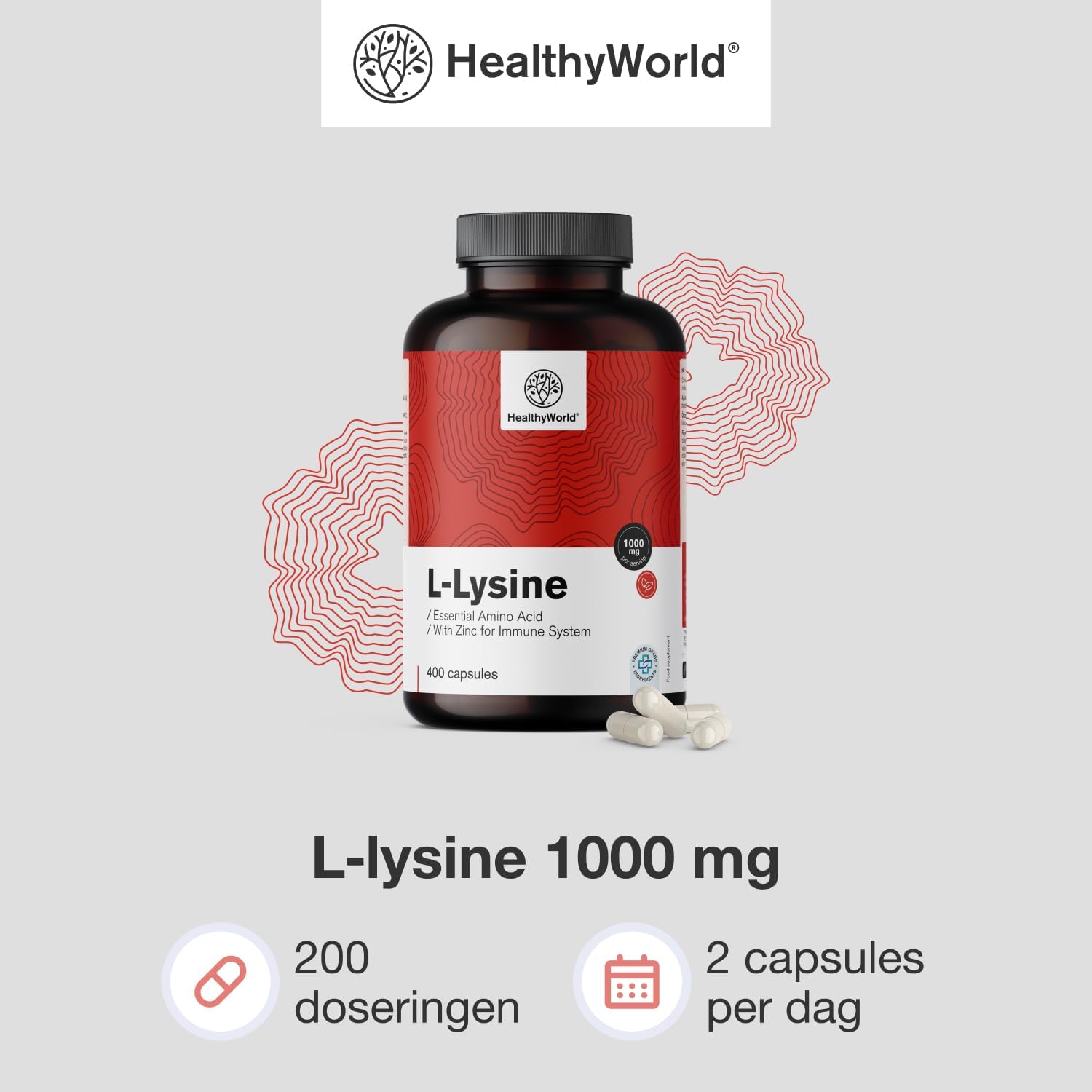 Thumbnail 2 de HealthyWorld L-Lysine Hydrochloride 1000 mg met zink, 400 capsules