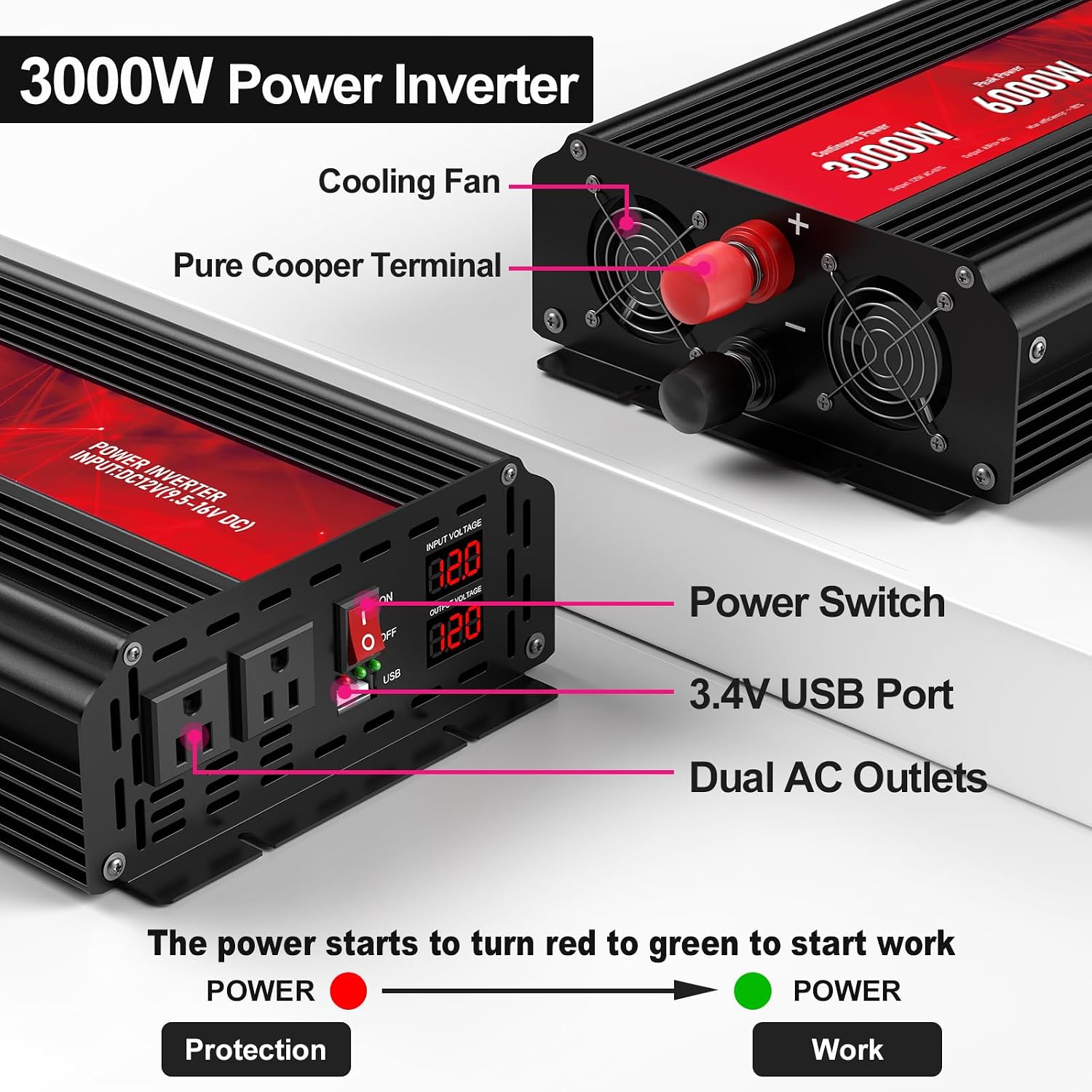 Detalle de ROARBATT HW-FTM3000-RD 3000W Power Inverter with LCD and 2 AC Outlets