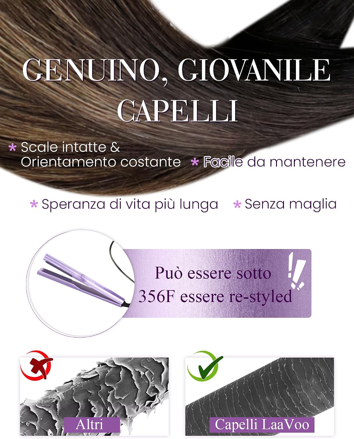 Thumbnail 3 de LaaVoo Extension Microring Capelli Veri 50 cm – 50 g, 50 ciocche Remy, Balayage Castano Scuro a Marrone Chiaro e Biondo, color 2-8-2