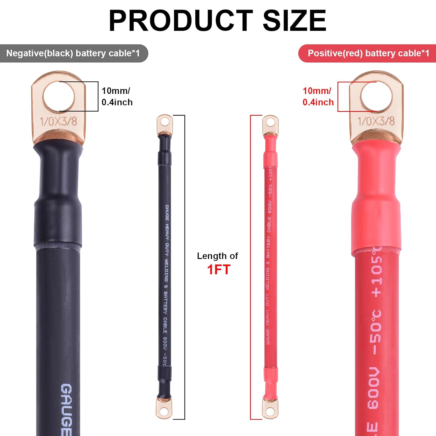 Thumbnail 2 de iGreely 1/0 AWG Battery Cable with 3/8" Lugs (Red + Black, 1 ft Pair) — Flexible Pure Copper Dual-Cable Set