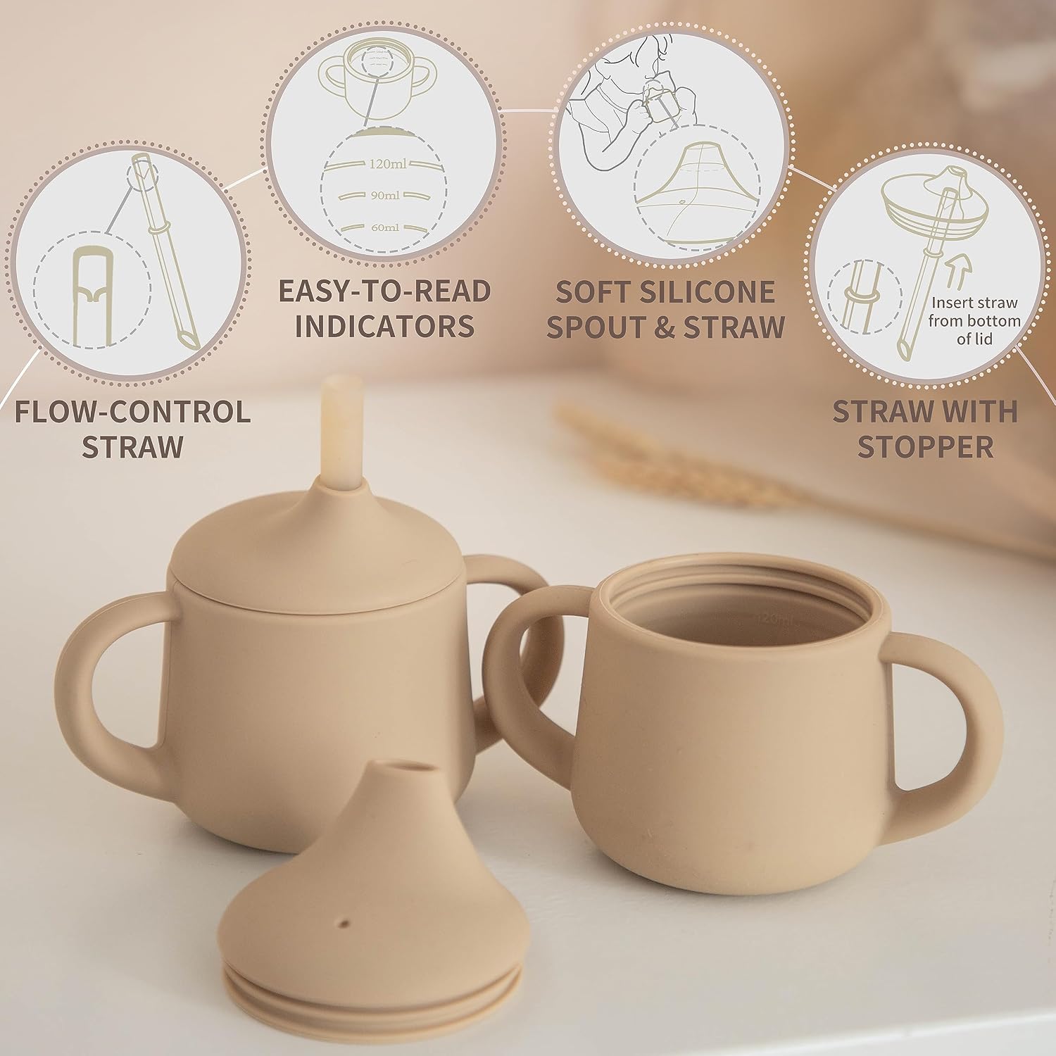 Detalle de Moonkie Silikon Trinklernbecher ab 6 Monaten – 120 ml, 3-in-1 Lernbecher mit Schnabel, Strohhalm und offenem Becher